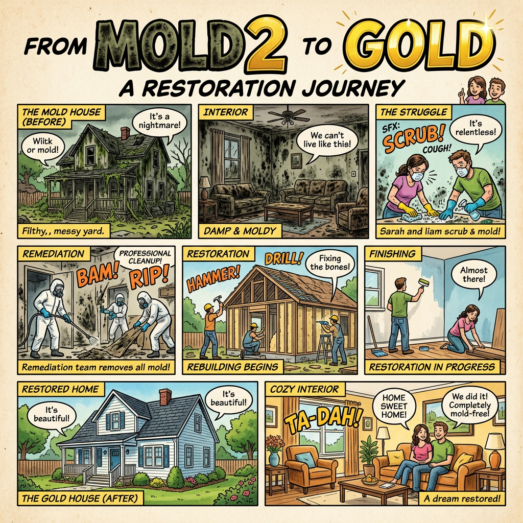 Comic page-turn mold house restored labeled MOLD2GOLD